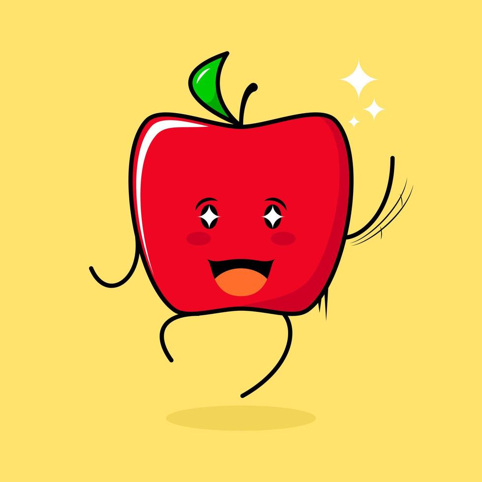 lindo personaje de manzana roja con sonrisa y expresión feliz, salto, una mano arriba, boca abierta y ojos brillantes. verde y rojo. adecuado para emoticonos, logotipos, mascotas e iconos vector