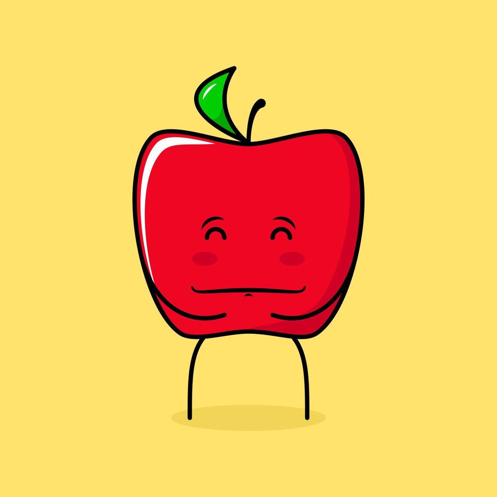 cute red apple character with smile and happy expression, close eyes, both hands on stomach and smiling. green and red. suitable for emoticon, logo, mascot and icon vector