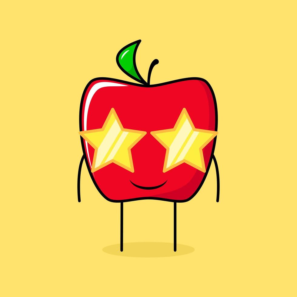 lindo personaje de manzana roja con expresión de sonrisa y anteojos de estrellas. verde y rojo. adecuado para emoticonos, logotipos, mascotas o pegatinas vector