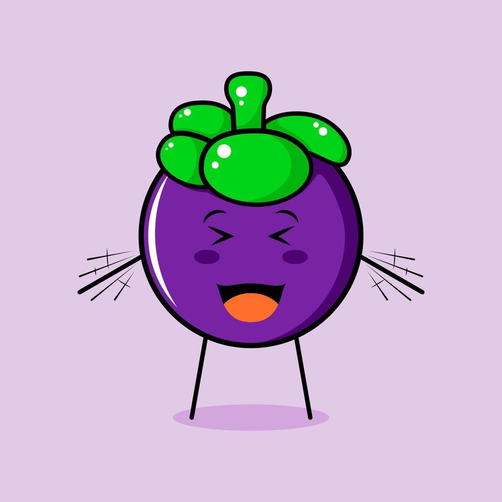 lindo personaje de mangostán con sonrisa y expresión feliz, ojos cerrados, boca abierta y ambas manos temblando. verde y morado. adecuado para emoticonos, logotipos, mascotas e iconos vector