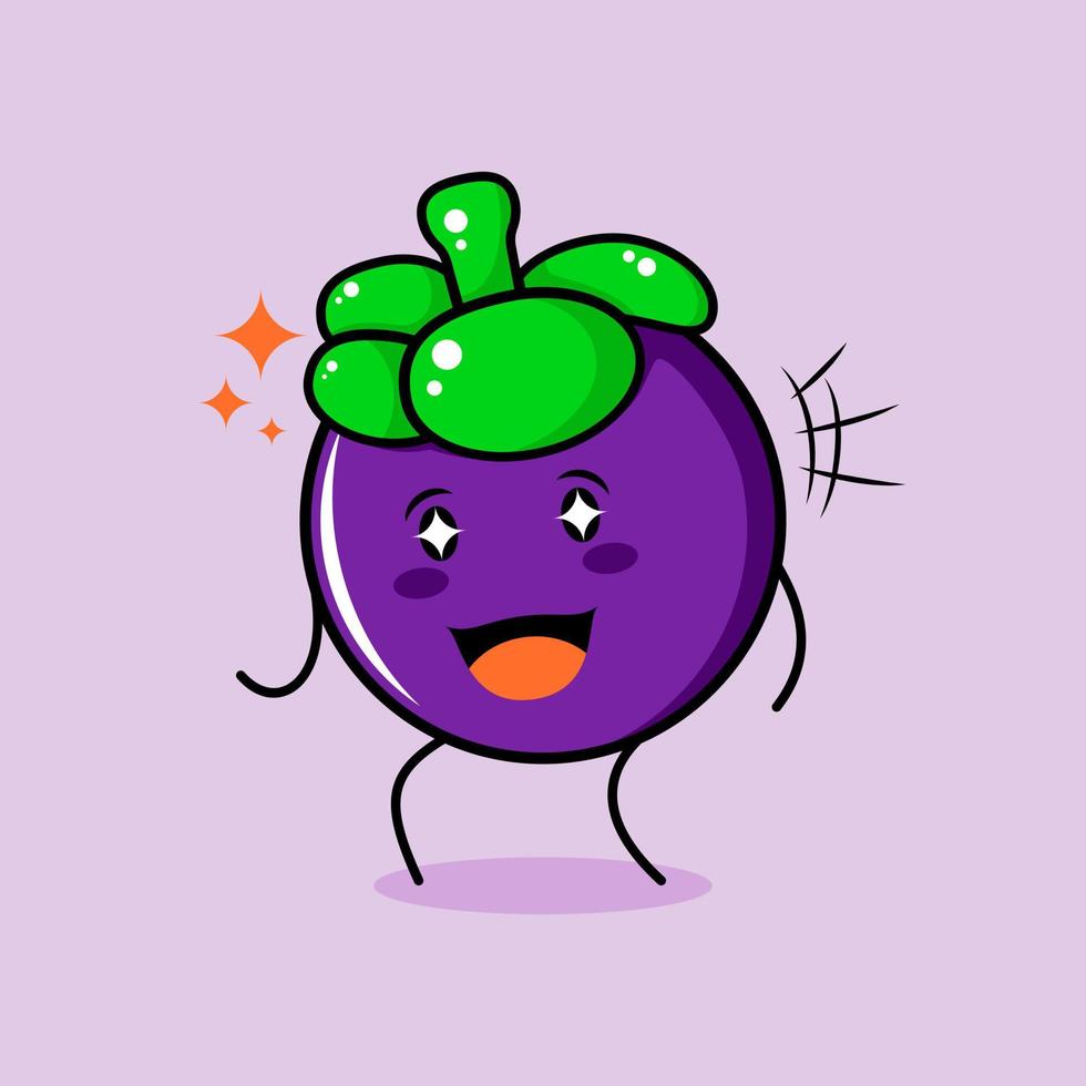 lindo personaje de mangostán con sonrisa y expresión feliz, boca abierta y ojos brillantes. verde y morado. adecuado para emoticonos, logotipos, mascotas e iconos vector