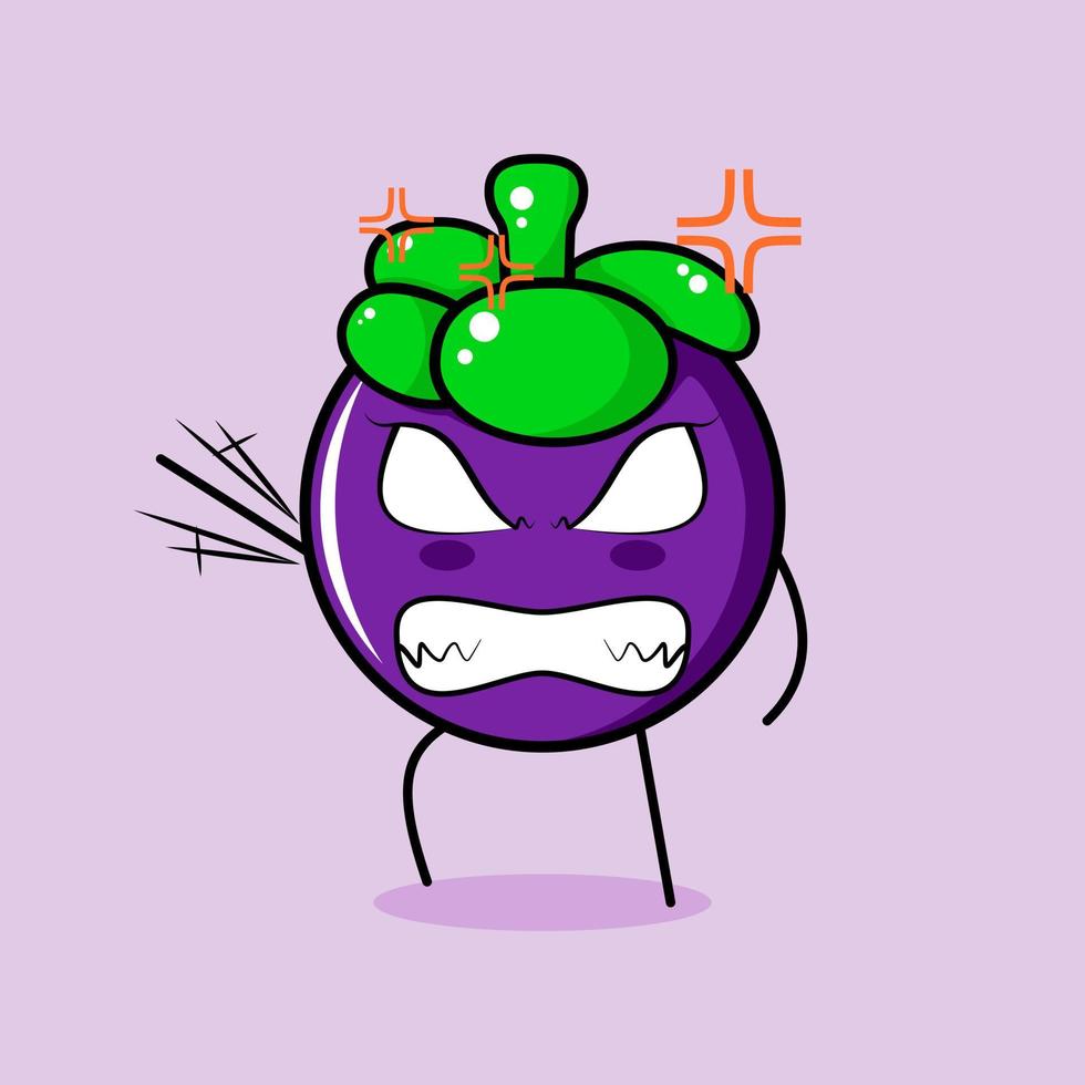 cute mangosteen character with angry expression. green and purple. suitable for emoticon, logo, mascot. one hand raised, eyes bulging and grinning vector