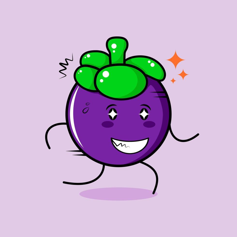 lindo personaje de mangostán con expresión feliz, ojos brillantes, correr y sonreír. verde y morado. adecuado para emoticonos, logotipos, mascotas e iconos vector