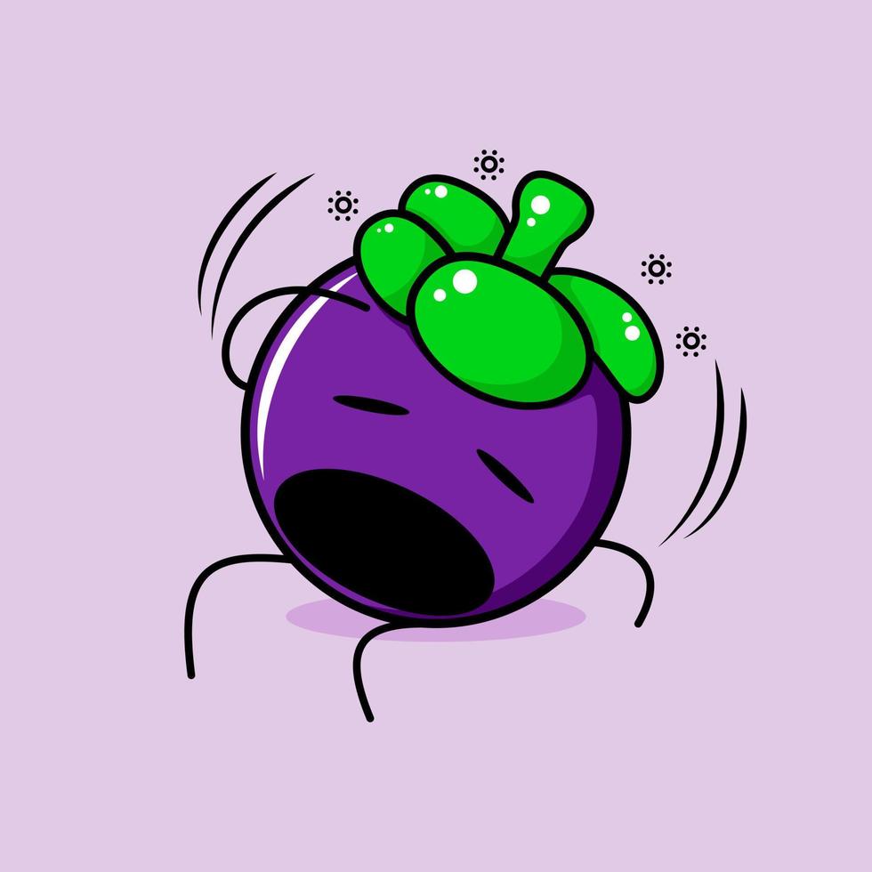 cute mangosteen character with dizzy expression, mouth open, sit down and one hand on head. green and purple. suitable for emoticon, logo, mascot and icon vector