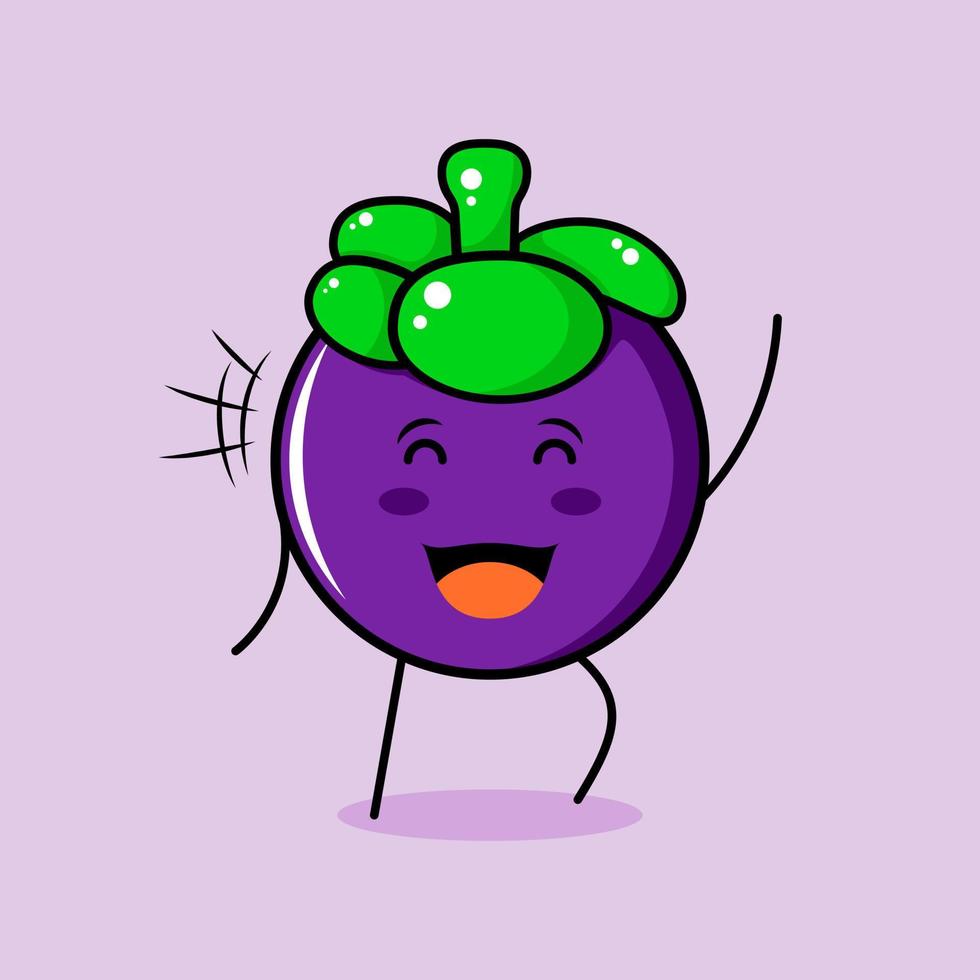 cute mangosteen character with smile and happy expression, close eyes and one hand up. green and purple. suitable for emoticon, logo, mascot and icon vector