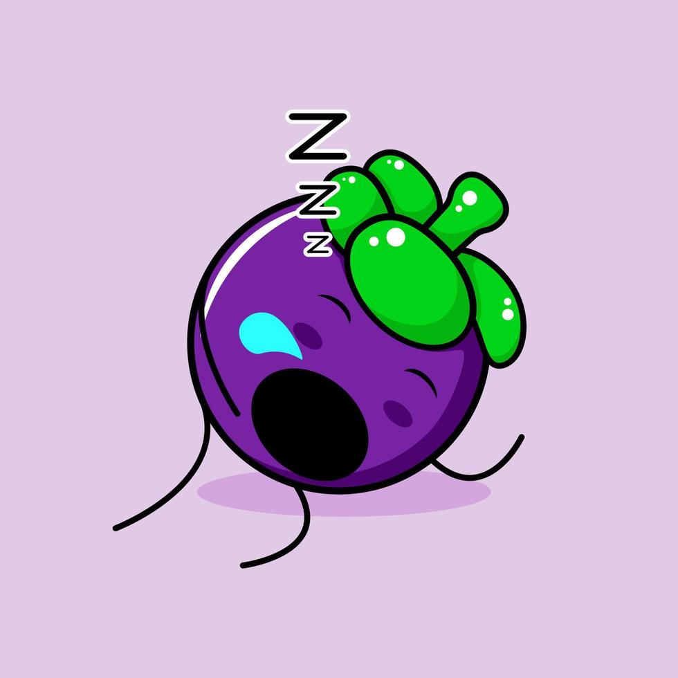 lindo personaje de mangostán con expresión de sueño y boca abierta. verde y morado. adecuado para emoticonos, logotipos, mascotas e iconos vector