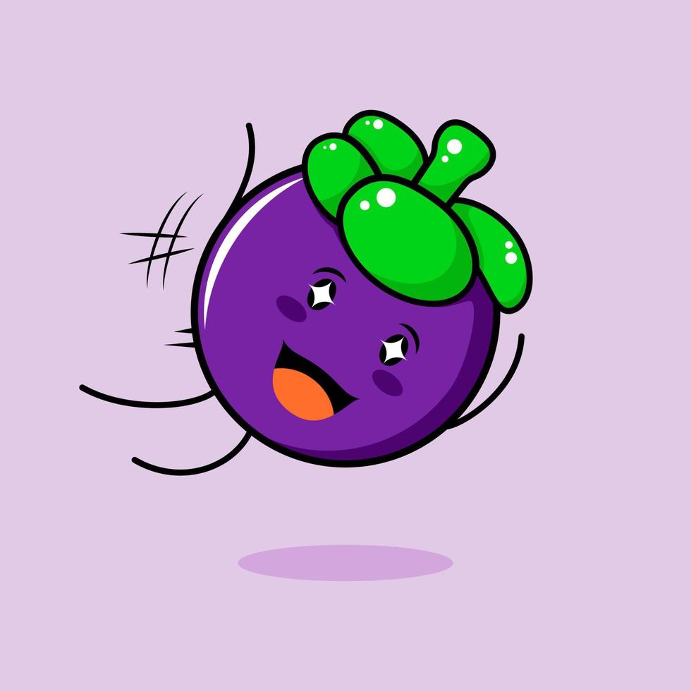 lindo personaje de mangostán con sonrisa y expresión feliz, mosca de salto, boca abierta y ojos brillantes. verde y morado. adecuado para emoticonos, logotipos, mascotas e iconos vector