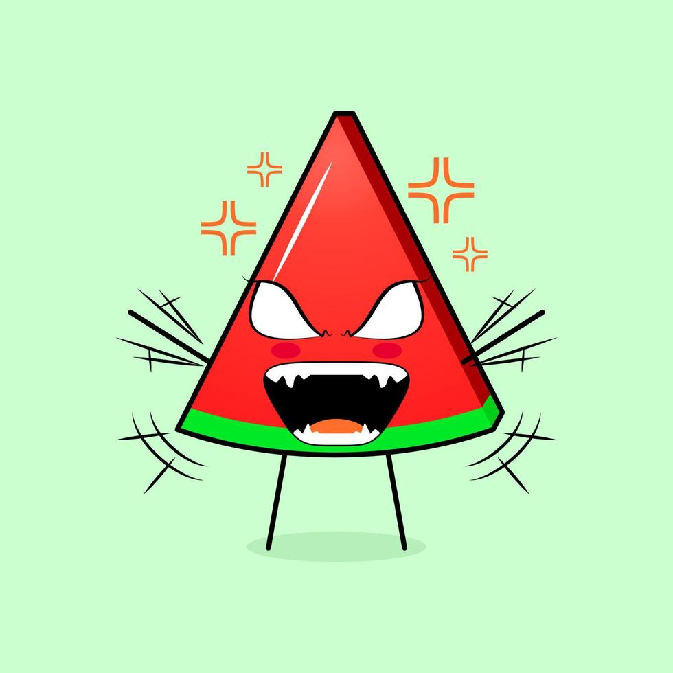 lindo personaje de rebanada de sandía con expresión enojada. ambas manos levantadas, los ojos desorbitados y la boca bien abierta. verde y rojo. adecuado para emoticonos, logotipos, mascotas vector