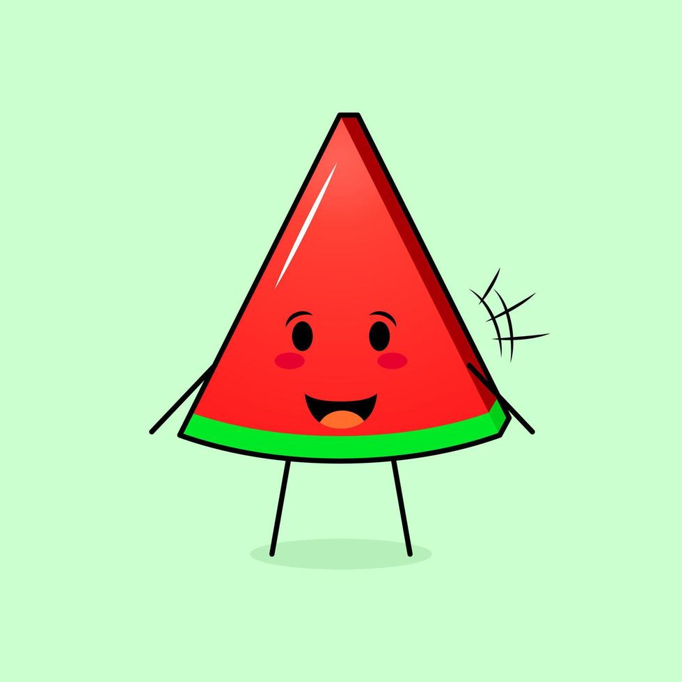 cute wtermelon slice character with smile and happy expression, mouth open. green and red. suitable for emoticon, logo, mascot and icon vector