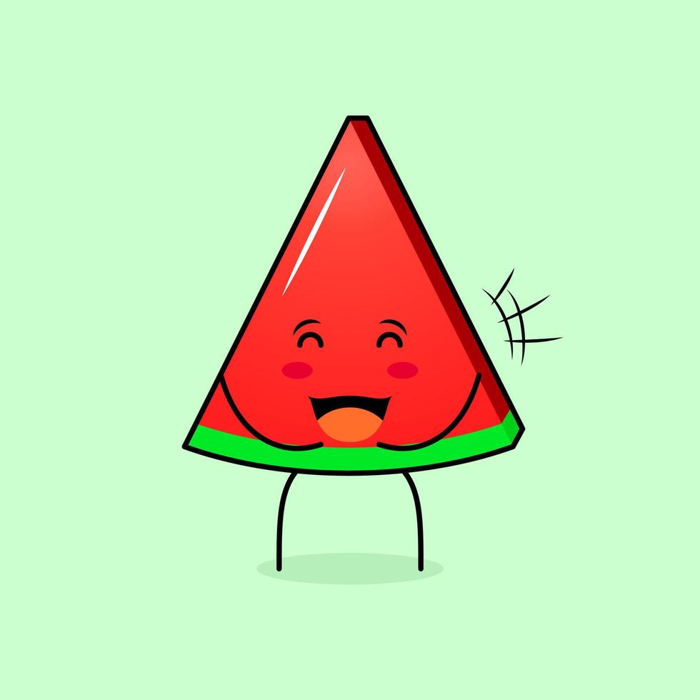 cute wtermelon slice character with smile and happy expression, close eyes and mouth open. green and red. suitable for emoticon, logo, mascot and icon vector