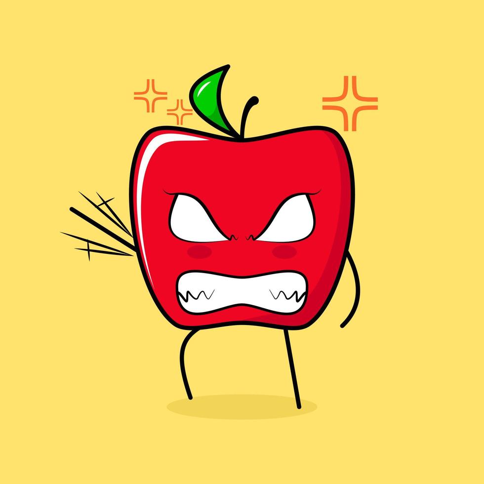 lindo personaje de manzana roja con expresión enojada. verde y rojo. adecuado para emoticono, logo, mascota. una mano levantada, ojos saltones y sonriente vector