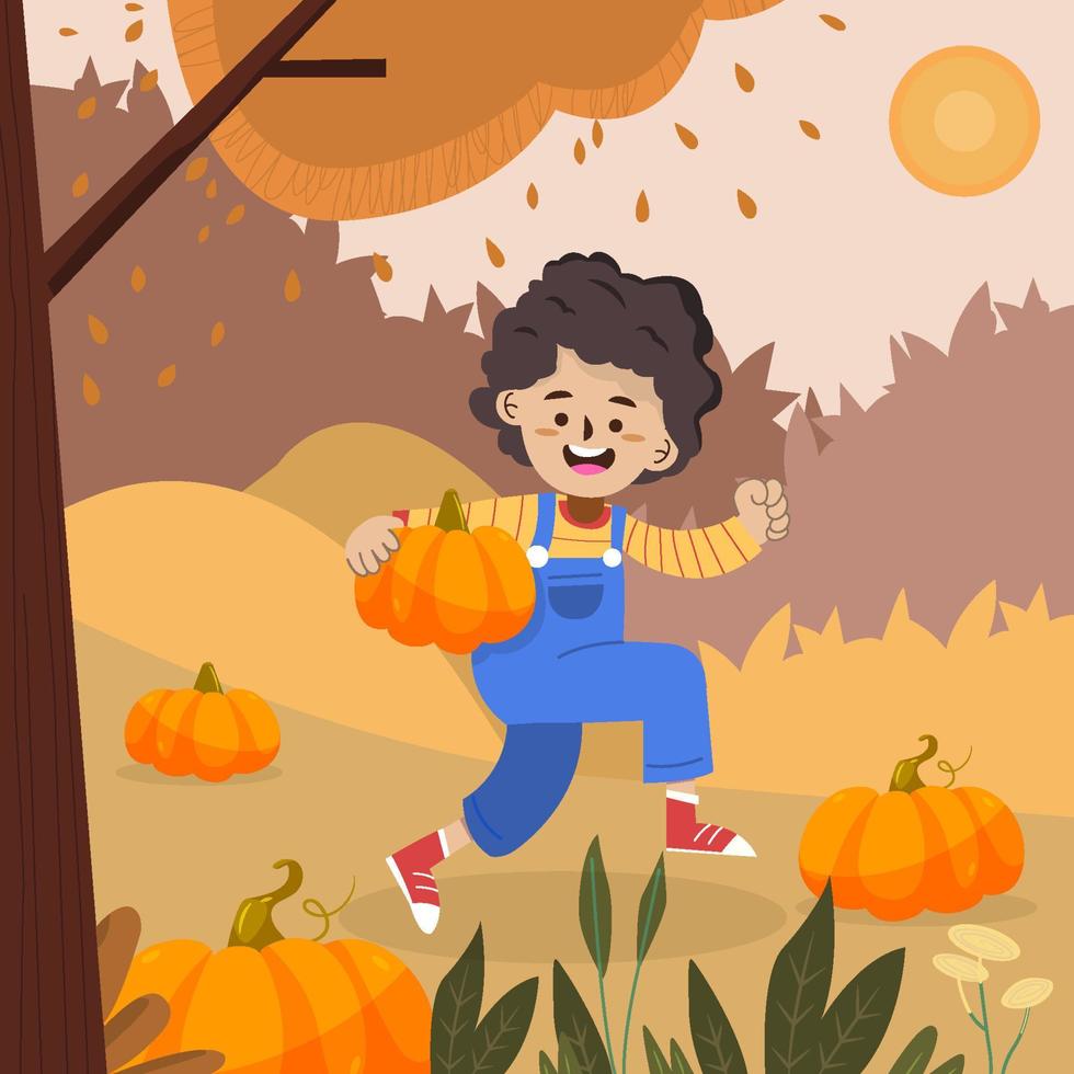Boy Searching Some Pumpkin In The Woods Concept vector