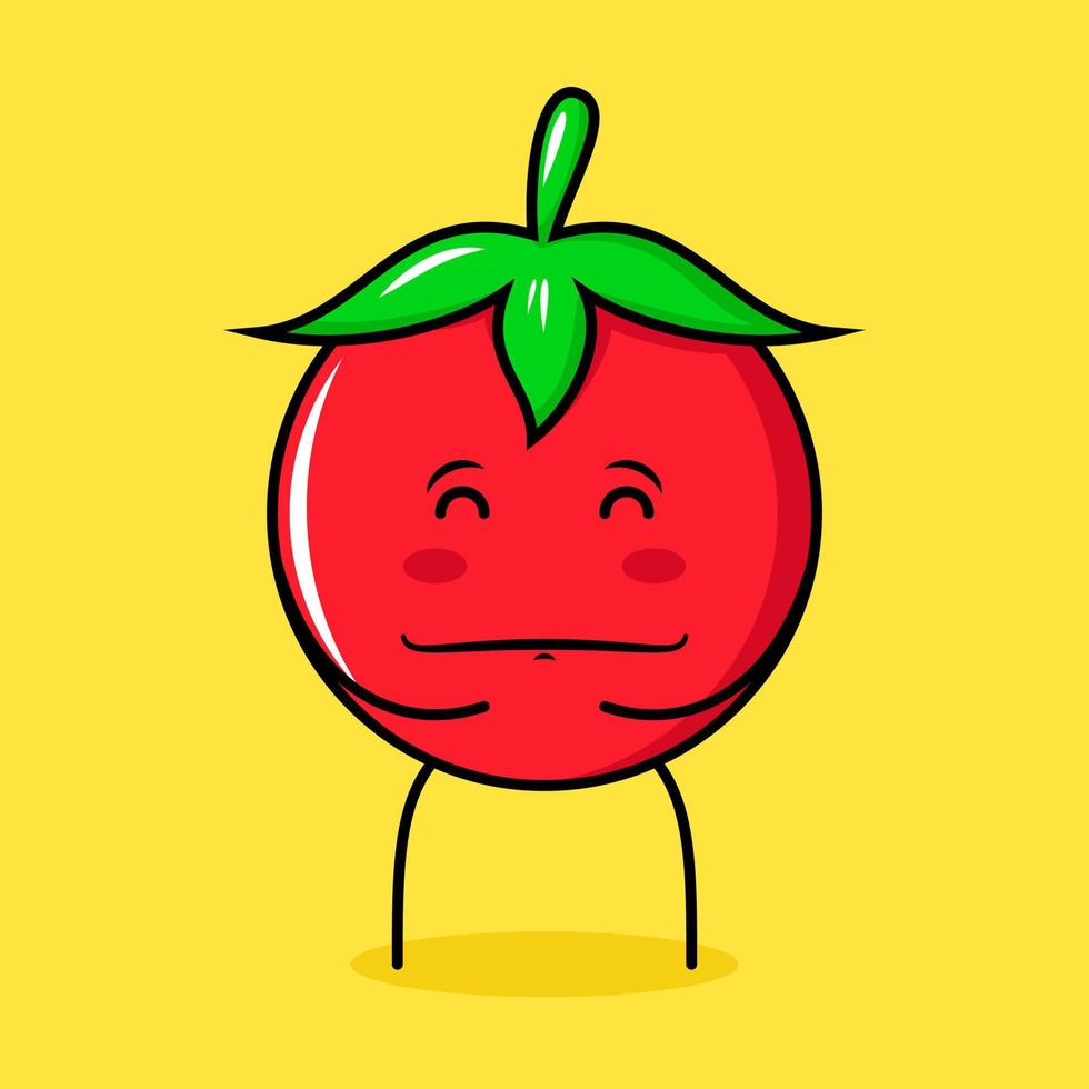 cute tomato character with happy expression, close eyes, both hands on stomach and smiling. green, red and yellow. suitable for emoticon, logo, mascot vector