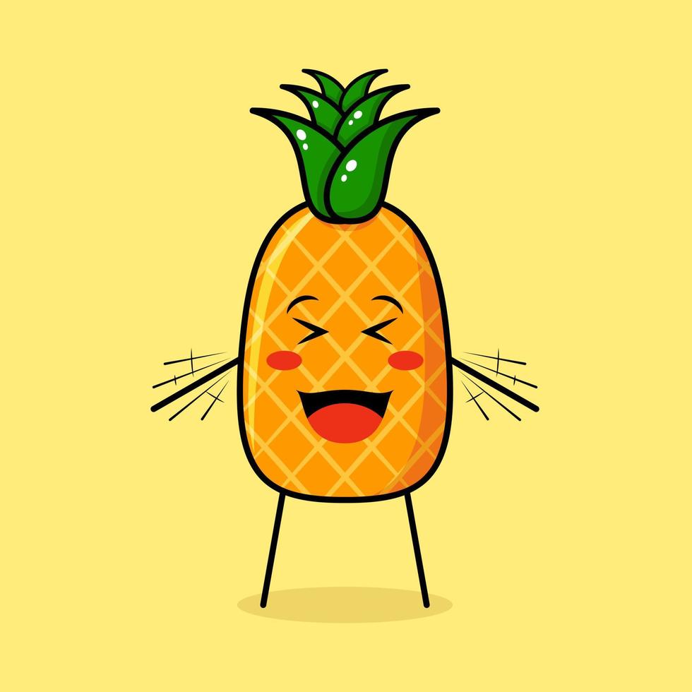 lindo personaje de piña con expresión feliz, ojos cerrados, boca abierta y ambas manos temblando. verde y amarillo. adecuado para emoticonos, logotipos, mascotas vector