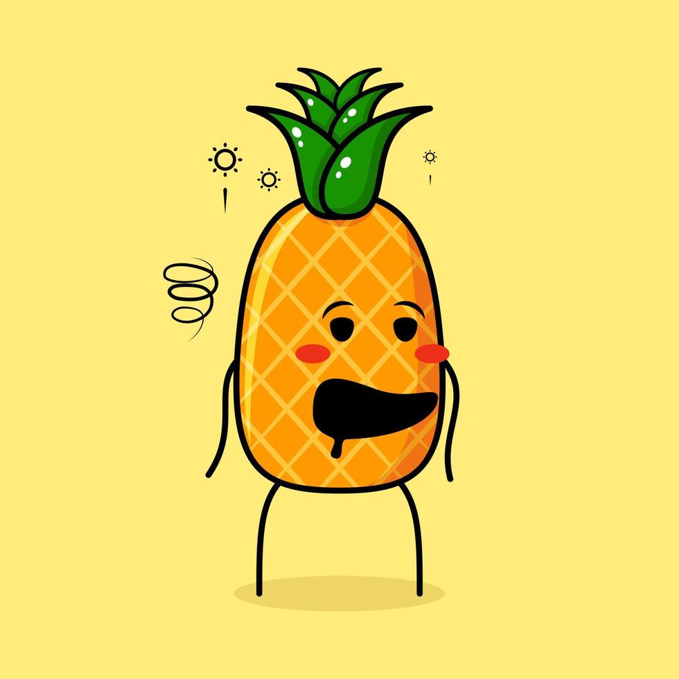 cute pineapple character with drunk expression and mouth open. green and yellow. suitable for emoticon, logo, mascot vector