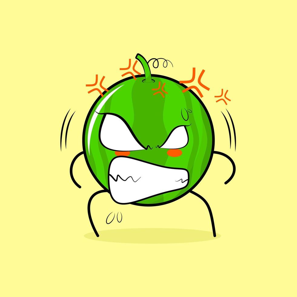 cute watermelon character with angry expression. eyes bulging and grinning. suitable for emoticon, logo, mascot and sticker. green vector