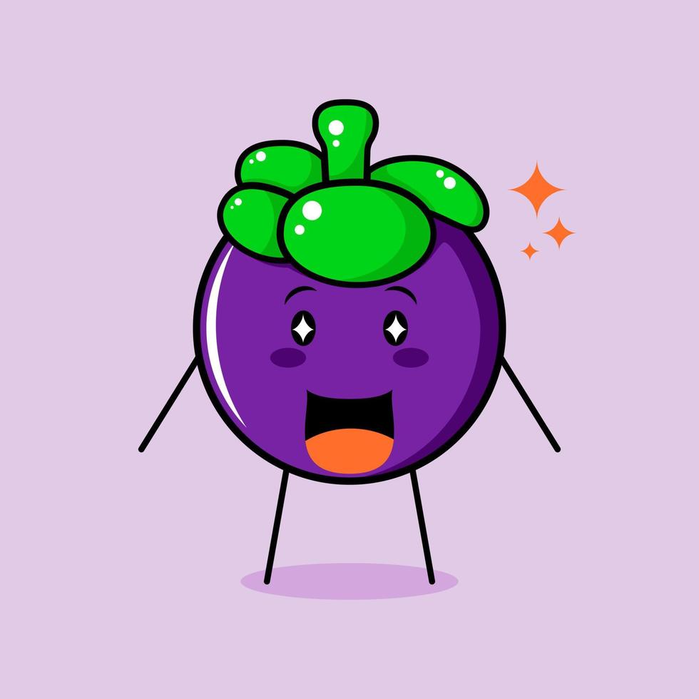 lindo personaje de mangostán con sonrisa y expresión feliz, boca abierta y ojos brillantes. verde y morado. adecuado para emoticonos, logotipos, mascotas e iconos vector