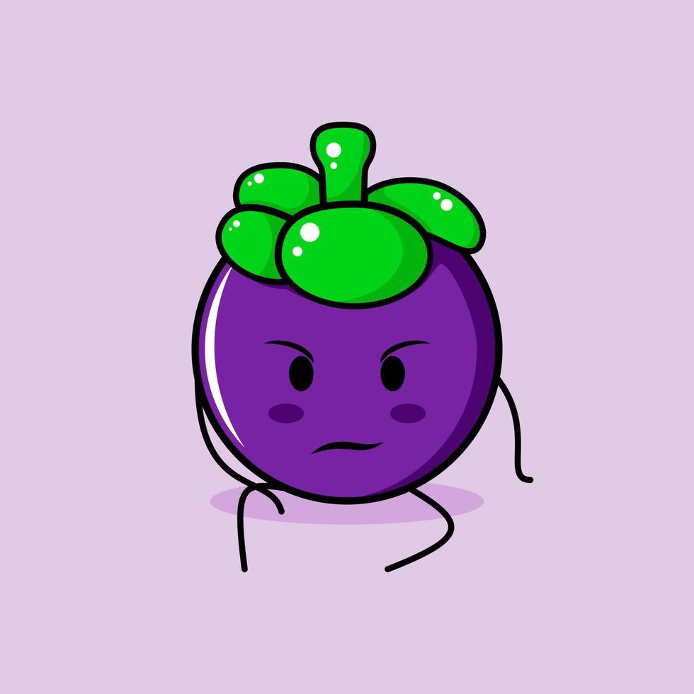 lindo personaje de mangostán con expresión de intimidación y sentarse. verde y morado. adecuado para emoticonos, logotipos, mascotas vector