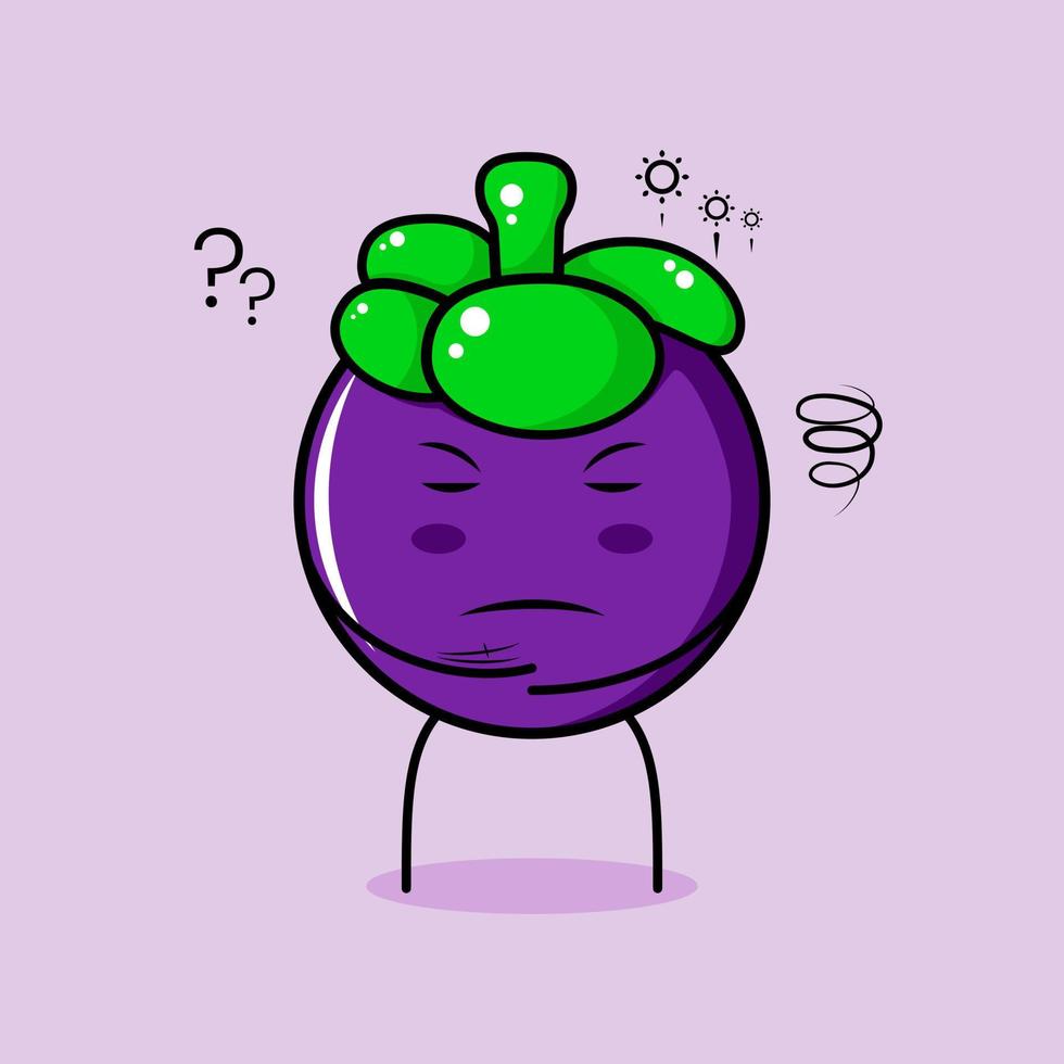 lindo personaje de mangostán con expresión de pensamiento y ojos cerrados. verde y morado. adecuado para emoticonos, logotipos, mascotas vector