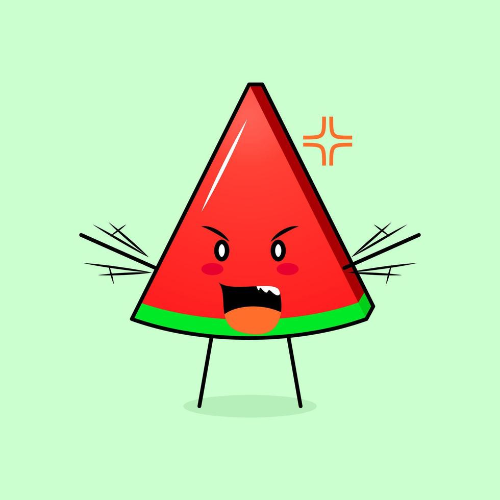 cute watermelon slice character with angry expression. green and red. suitable for emoticon, logo, mascot. both hands raised and mouth open vector