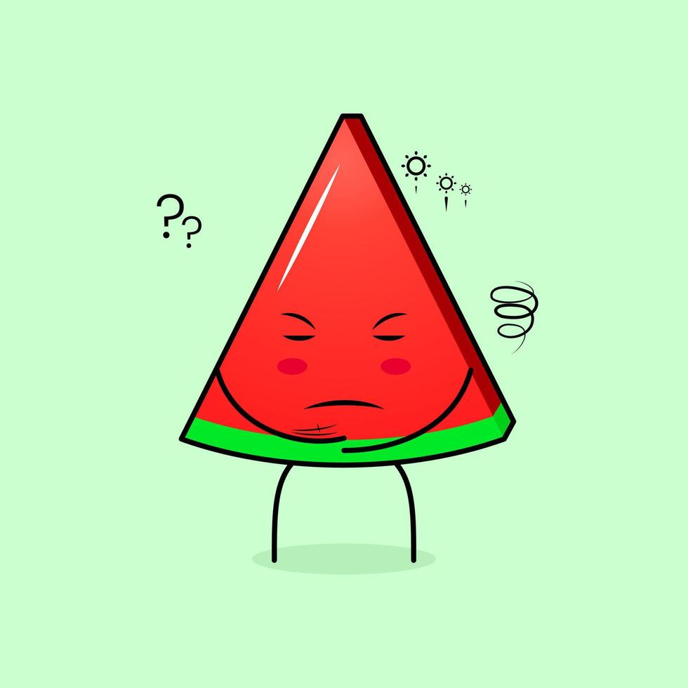 cute watermelon slice character with thinking expression and close eyes. green and red. suitable for emoticon, logo, mascot vector
