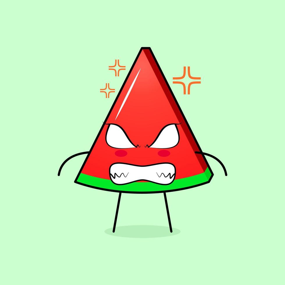 cute watermelon slice character with angry expression. eyes bulging and grinning. green and red. suitable for emoticon, logo, mascot vector