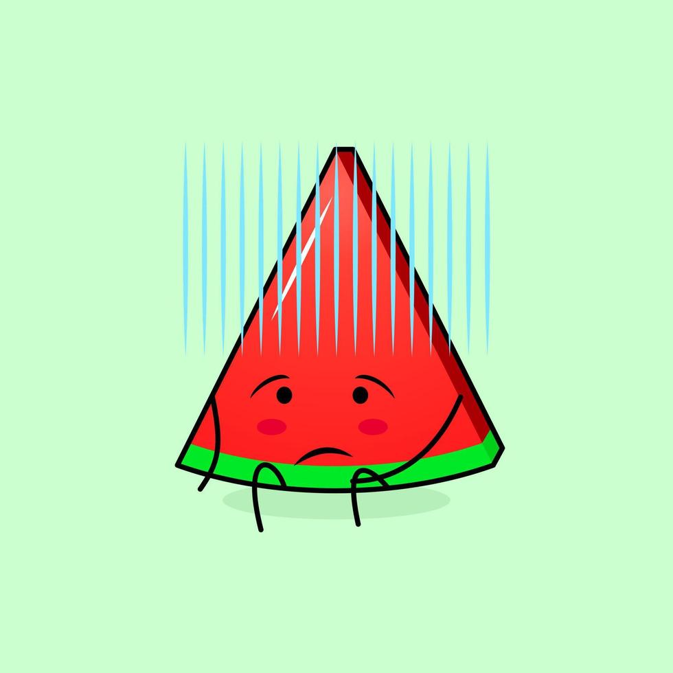 cute watermelon slice character with hopeless expression and sit down. green and red. suitable for emoticon, logo, mascot and icon vector