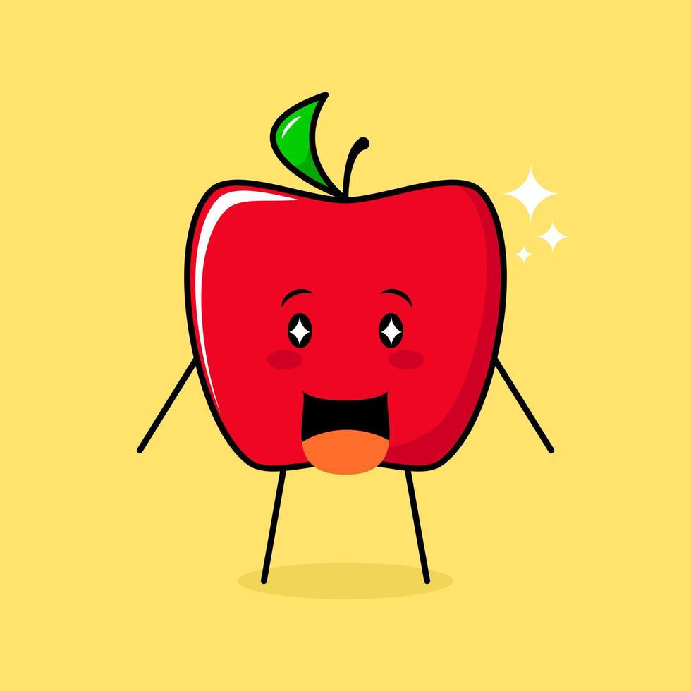 cute red apple character with smile and happy expression, mouth open and sparkling eyes. green and red. suitable for emoticon, logo, mascot and icon vector