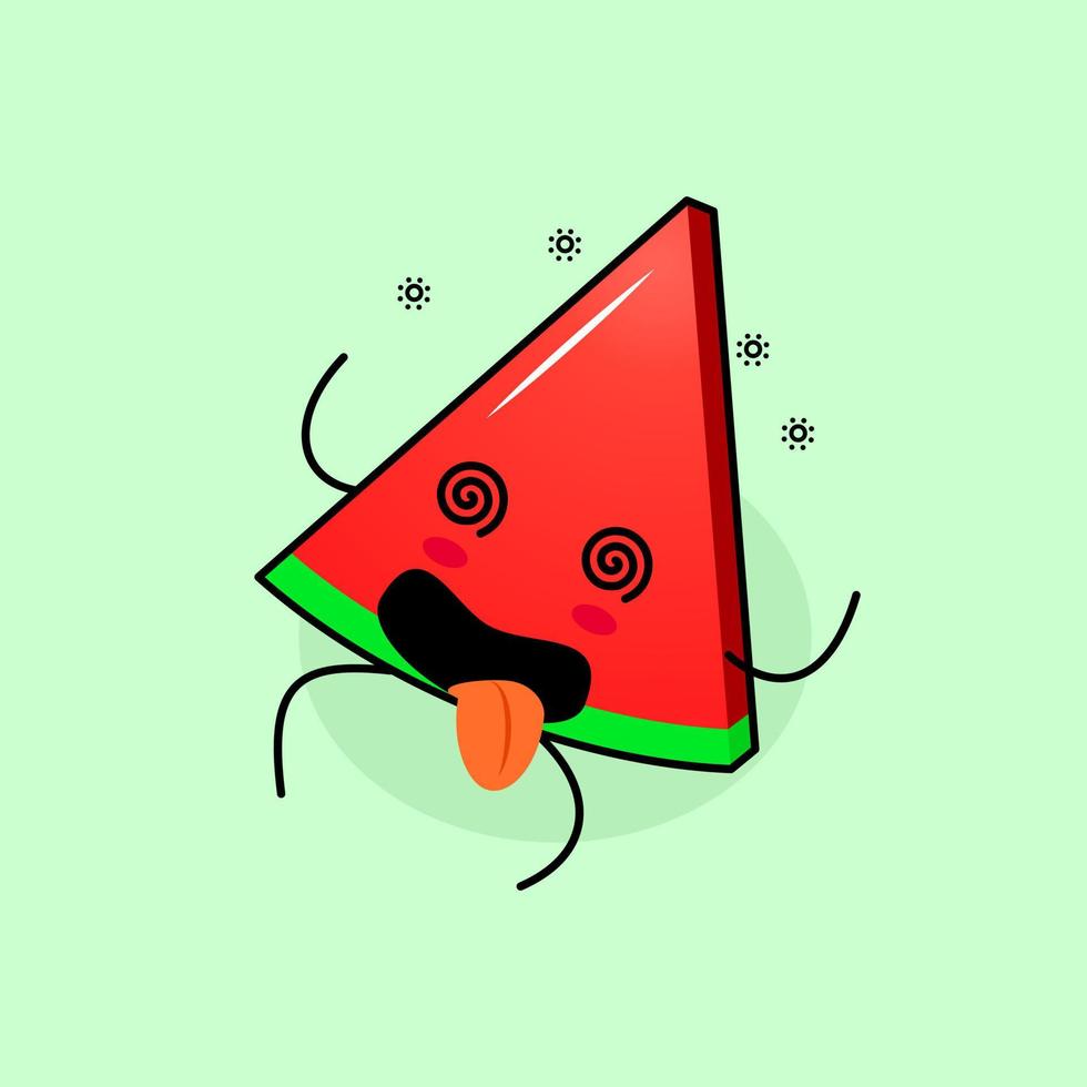 cute watermelon slice character with dizzy expression, rolling eyes, lie down and tongue sticking out. green and red. suitable for emoticon, logo, mascot and icon vector