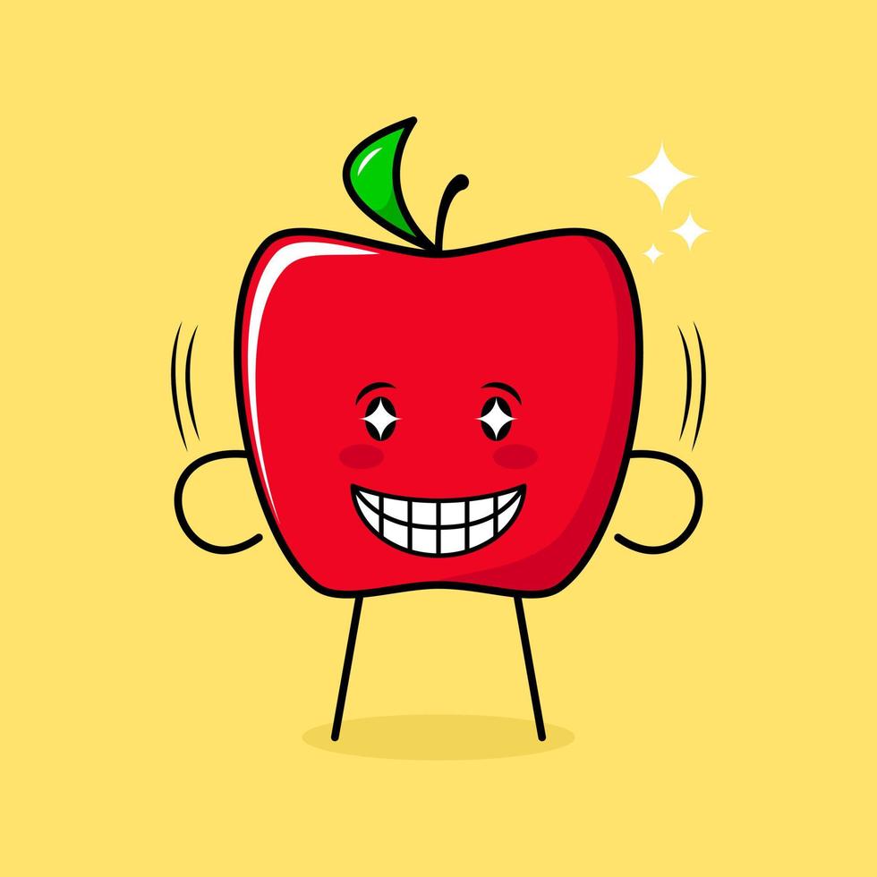 lindo personaje de manzana roja con sonrisa y expresión feliz, ojos brillantes y sonriente. verde y rojo. adecuado para emoticonos, logotipos, mascotas e iconos vector