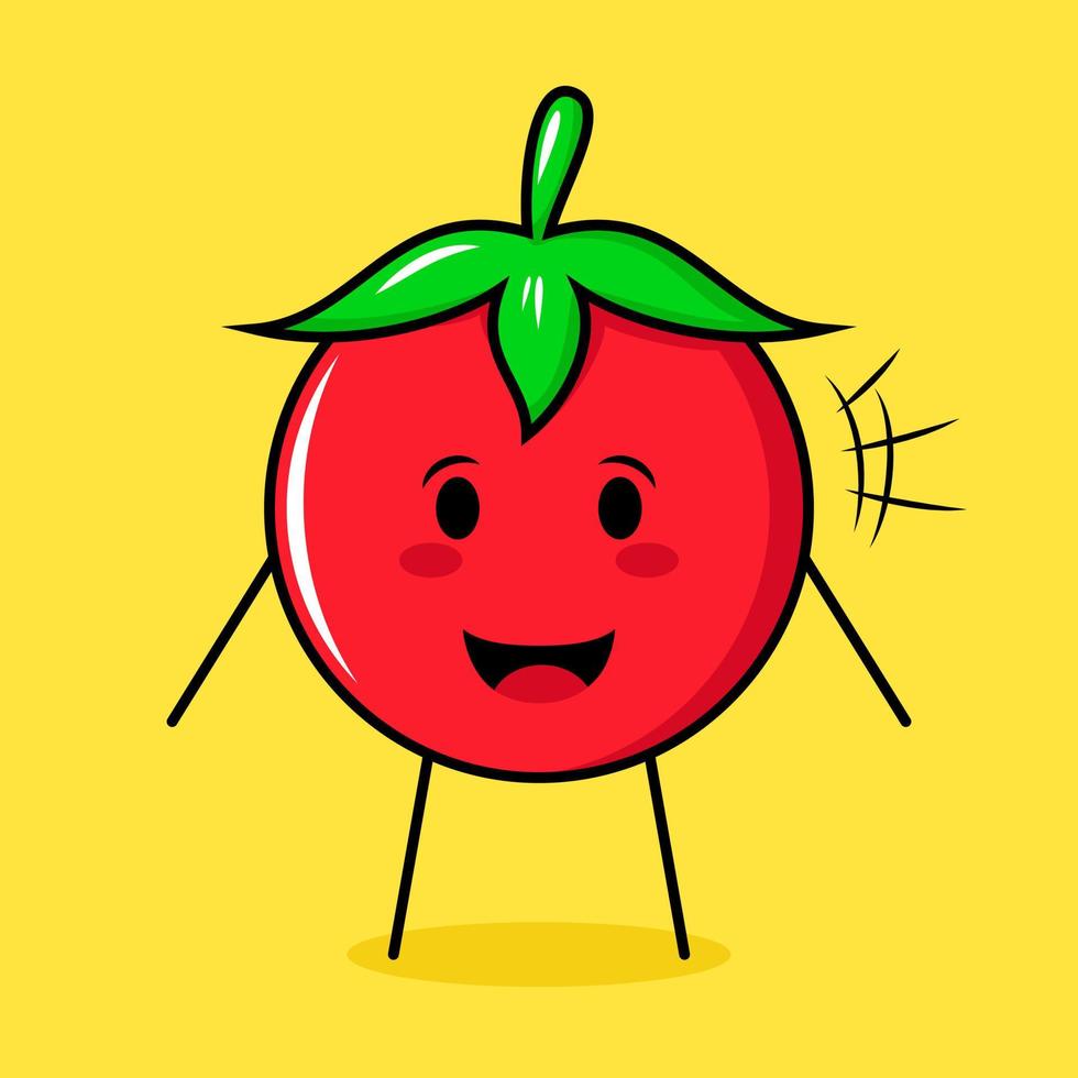 lindo personaje de tomate con expresión feliz y boca abierta. verde, rojo y amarillo. adecuado para emoticonos, logotipos, mascotas vector