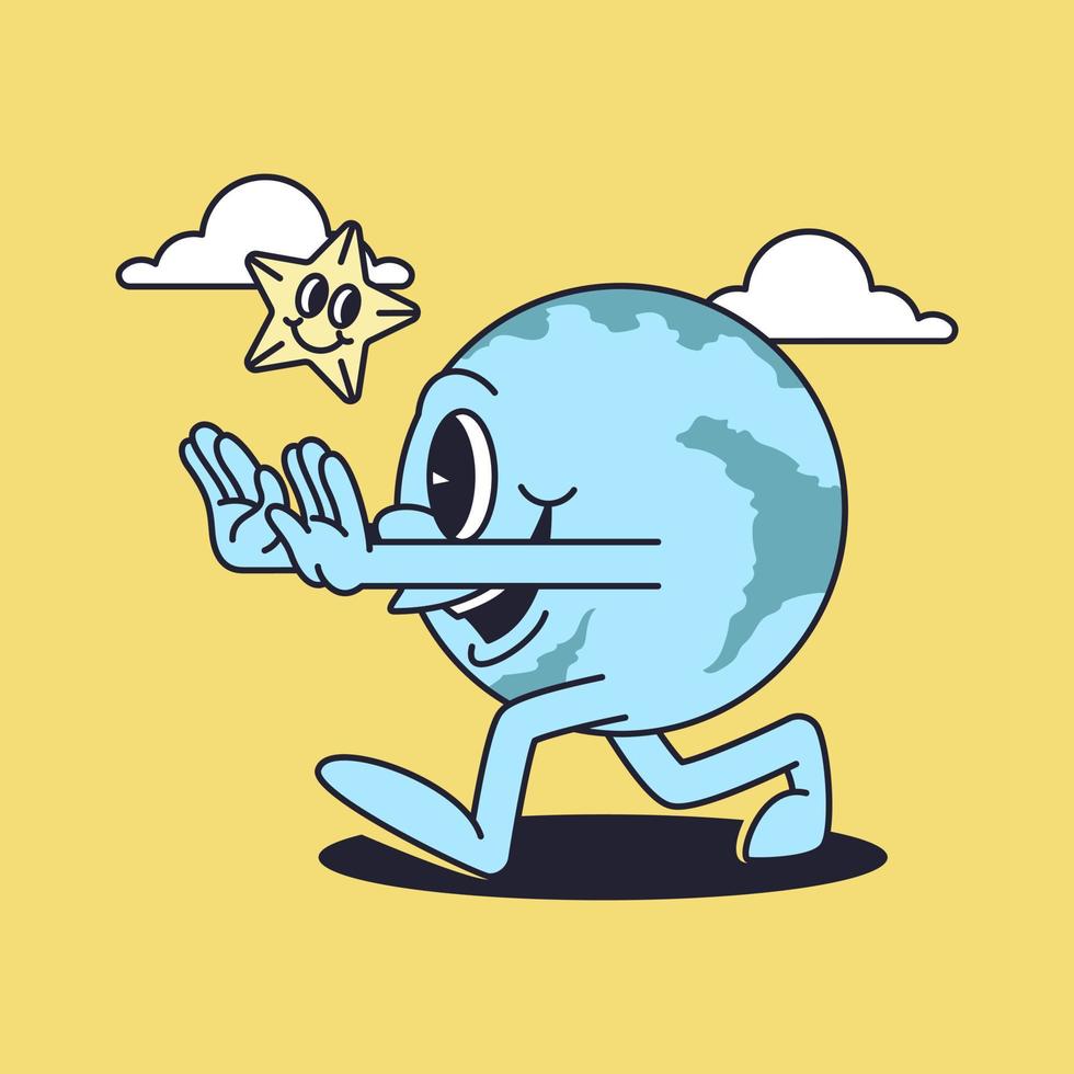 Retro globe cartoon mascot character. Happy vintage walking earth mascot illustration. vector