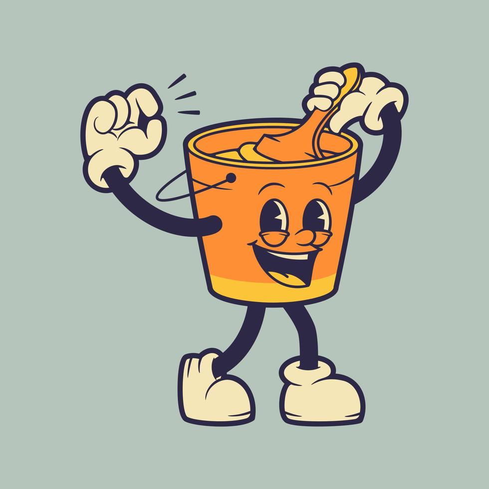 Paint bucket mascot holding on to paint brush while laughing. Retro vintage mascot illustration. vector