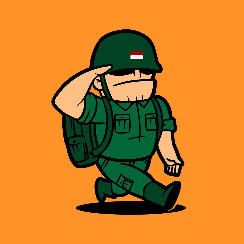 personaje de dibujos animados de mascota del ejército retro haciendo saludo. celebración del día de la independencia de indonesia. vector