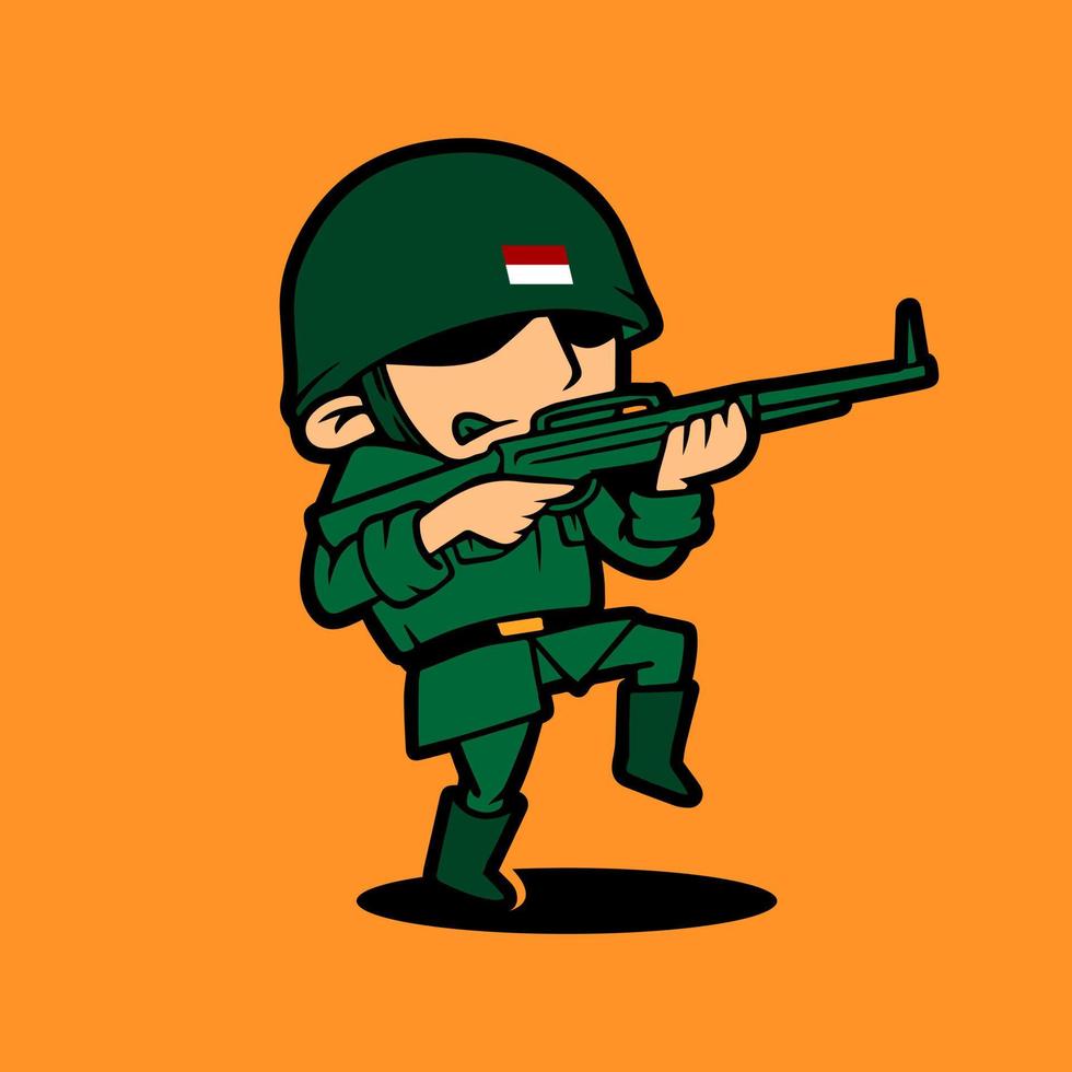 personaje de dibujos animados de la mascota del ejército retro con rifle. celebración del día de la independencia de indonesia. vector