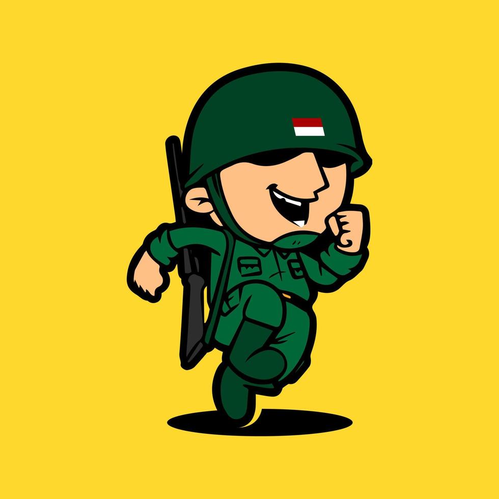 personaje de caricatura de la mascota del ejército retro corriendo. celebración del día de la independencia de indonesia. vector