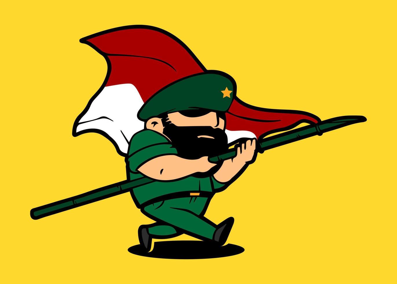 personaje de dibujos animados de la mascota del ejército retro que sostiene la bandera indonesia en la lanza de bambú. celebración del día de la independencia de indonesia. vector