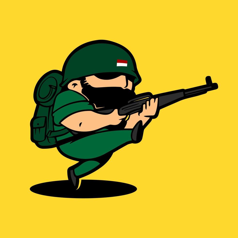 personaje de dibujos animados de la mascota del ejército retro sosteniendo un arma mientras camina. celebración del día de la independencia de indonesia. vector