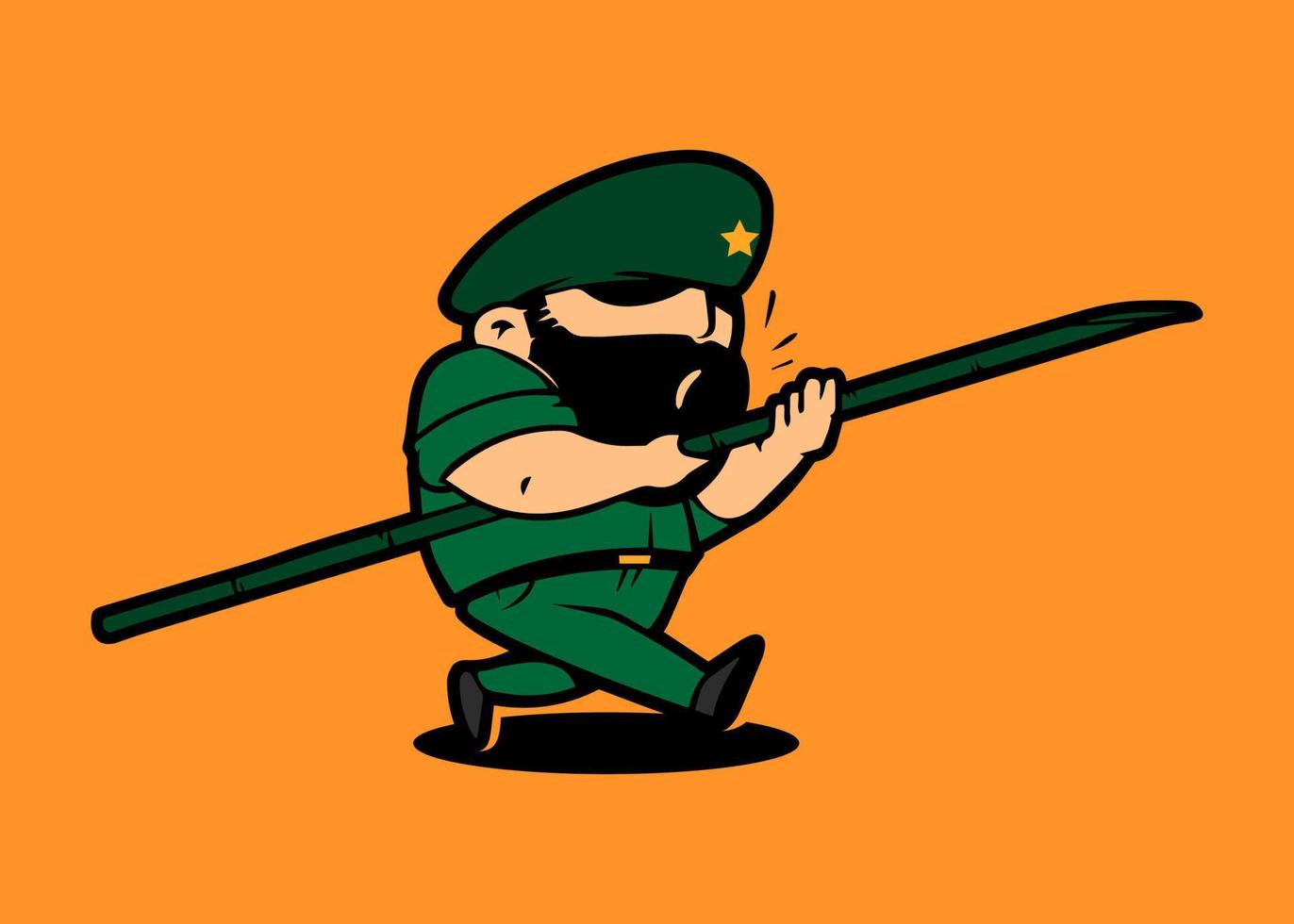 Retro army mascot cartoon character holding bamboo lance. Celebration of Indonesia Independence Day. vector