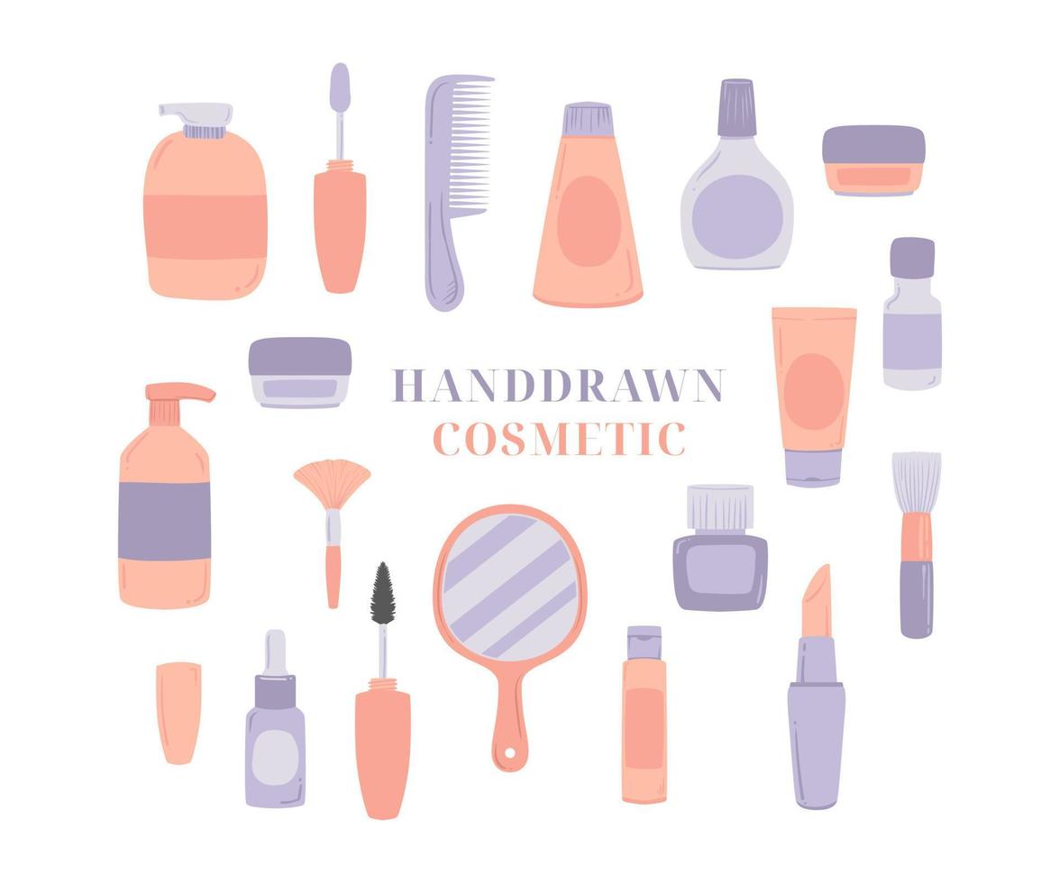 Hand drawn colorful beauty care cosmetic packaging, container and tools. vector