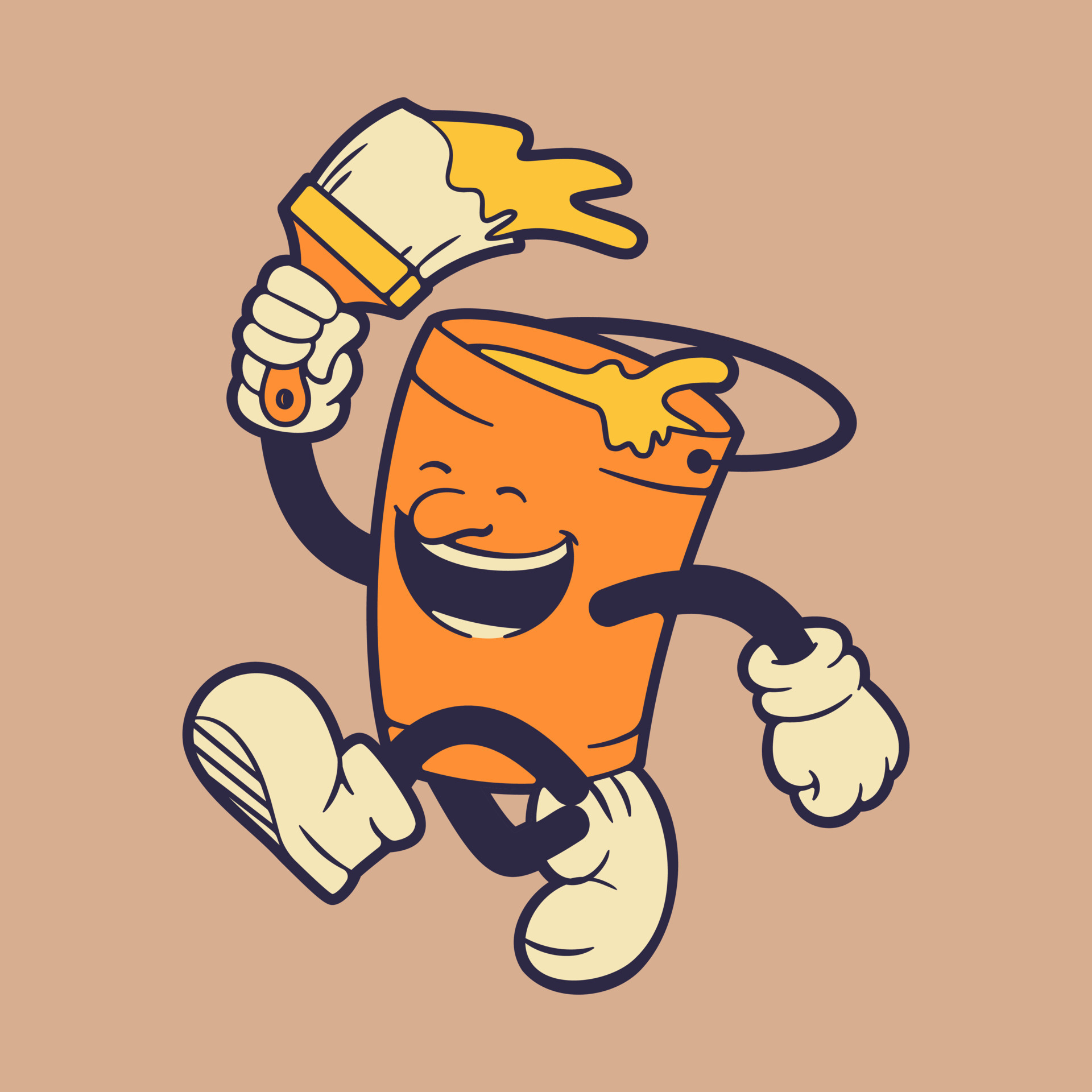 The running paint bucket mascot holding paint brush. Retro vintage