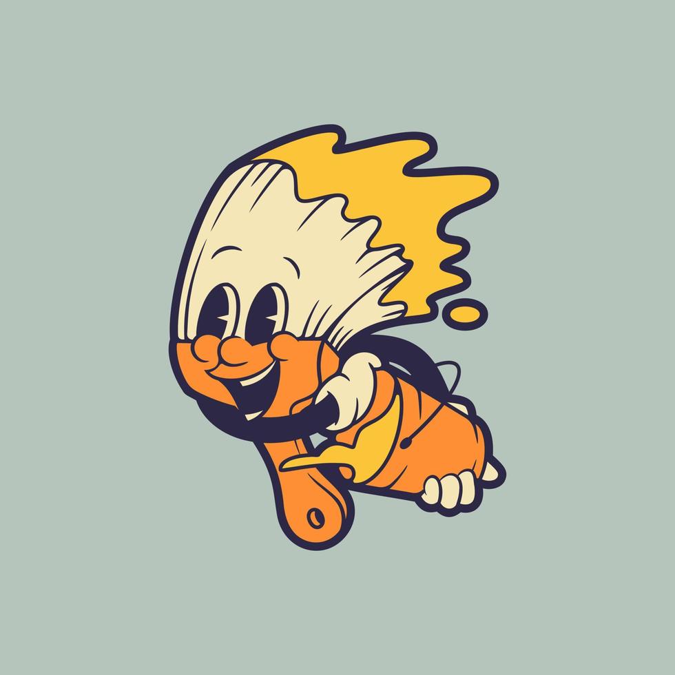 Laughing paint brush holding on to paint bucket full of paint. Retro vintage mascot illustration. vector