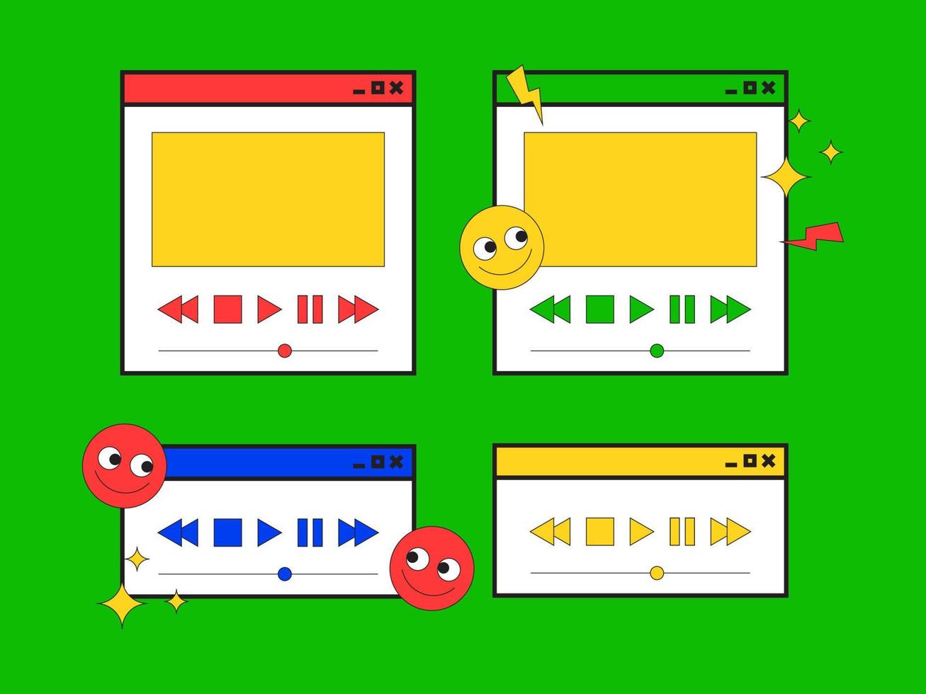 Retro vintage colorful UI window design element with cute cartoon face. Old computer pop up window. vector