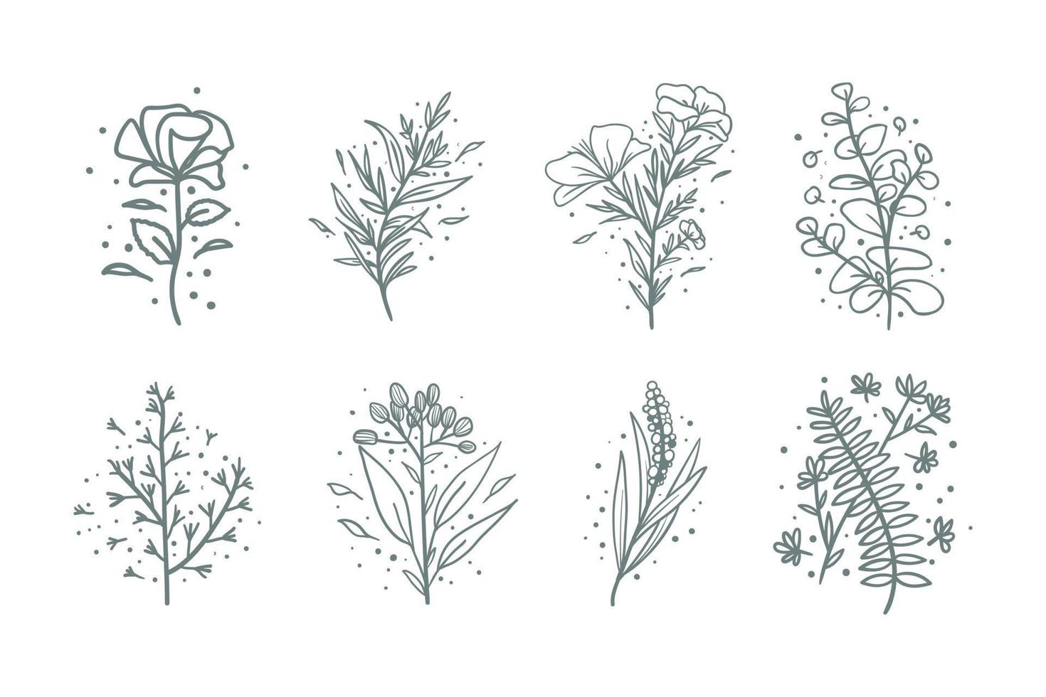 Collection of hand drawn botanical flower composition. Tropical floral doodle branches. vector