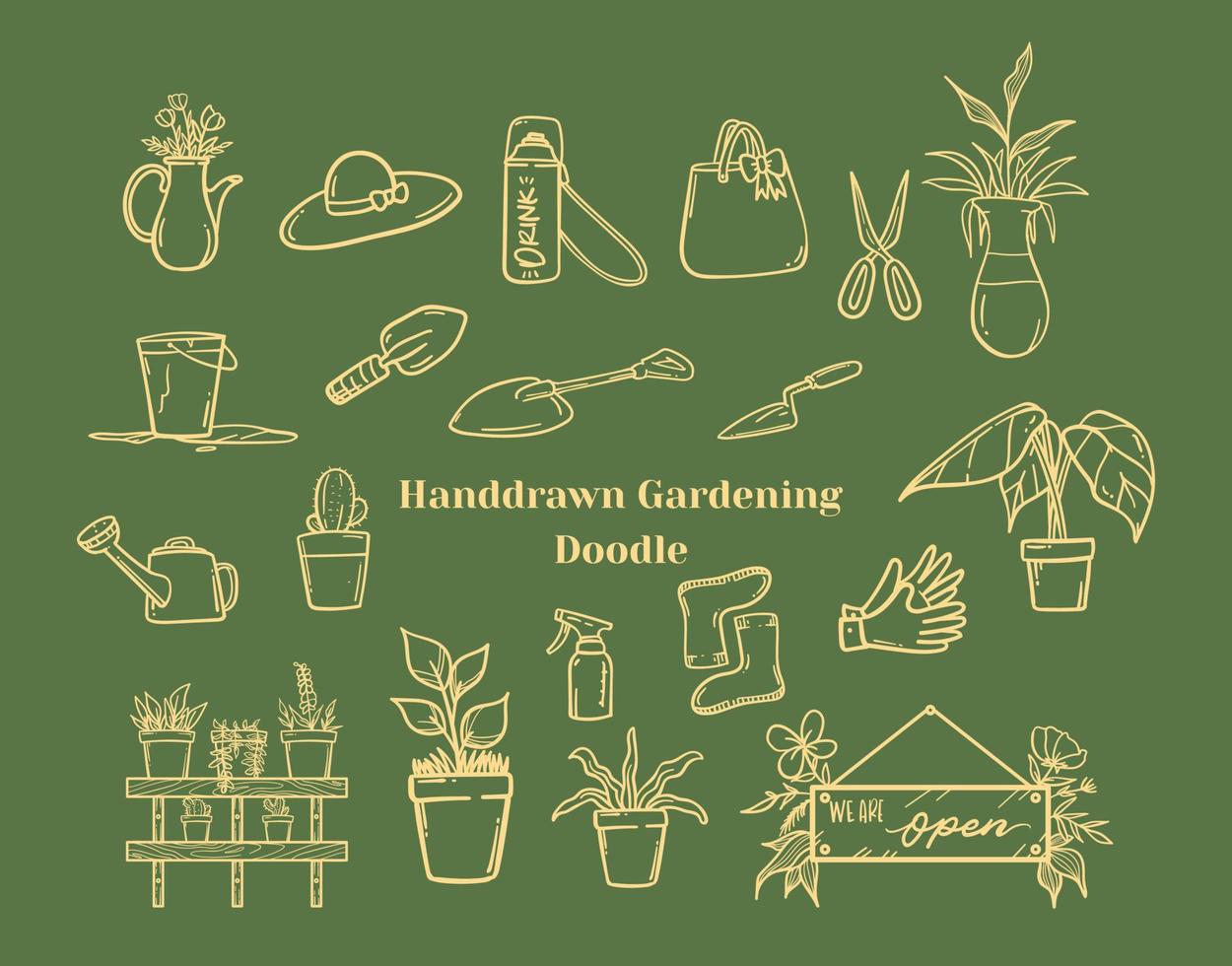 conjunto de elementos de diseño de garabatos de jardinería dibujados a mano. vector