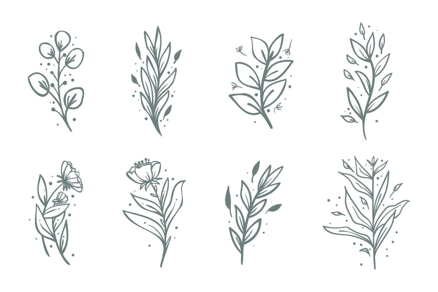 Collection of hand drawn botanical flower composition. Tropical floral doodle branches. vector