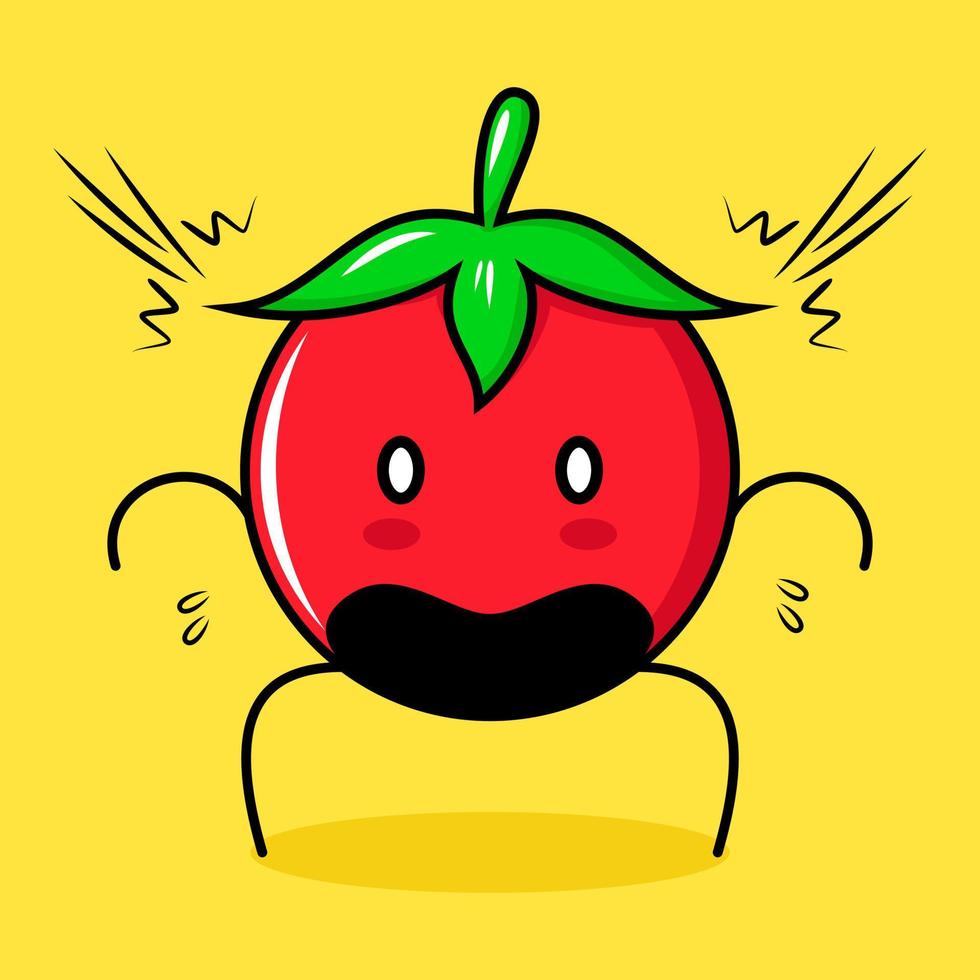 lindo personaje de tomate con expresión sorprendida, boca abierta y ojos saltones. verde, rojo y amarillo. adecuado para emoticonos, logotipos, mascotas vector