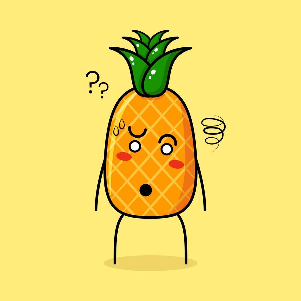 lindo personaje de piña con expresión confusa. verde y amarillo. adecuado para emoticonos, logotipos, mascotas vector