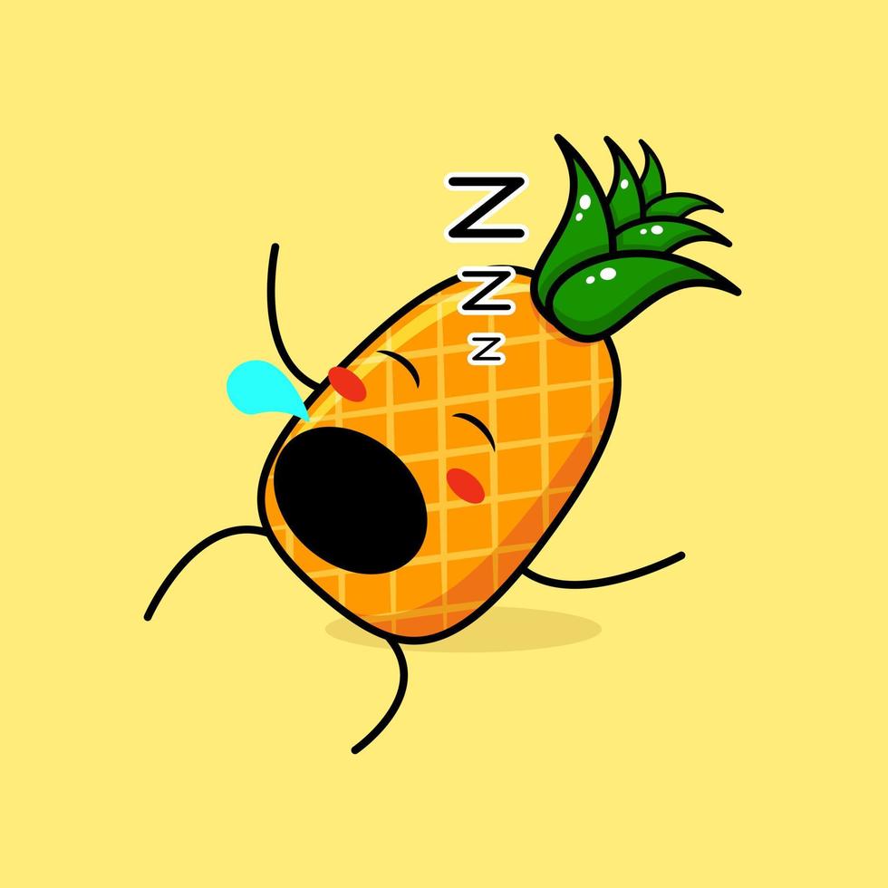 lindo personaje de piña con expresión de sueño, acostarse, cerrar los ojos y abrir la boca. verde y amarillo. adecuado para emoticonos, logotipos, mascotas vector