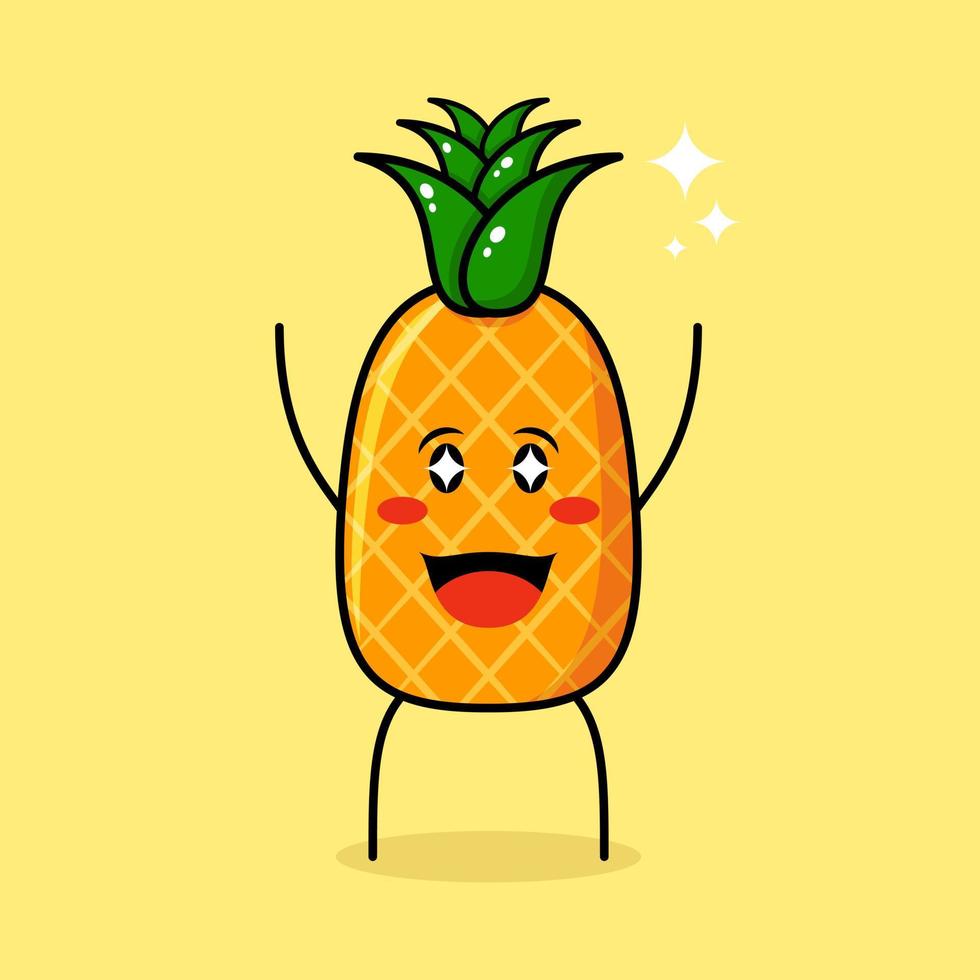 lindo personaje de piña con expresión feliz, dos manos arriba, boca abierta y ojos brillantes. verde y amarillo. adecuado para emoticonos, logotipos, mascotas vector